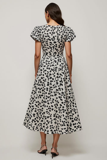 White Black Printed A Line Bateau Neck Long Work Dress